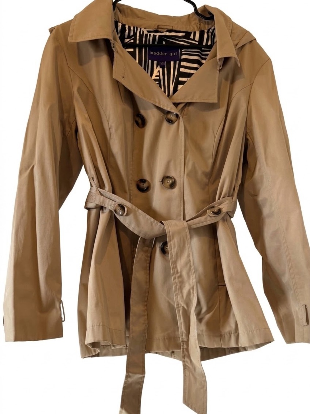 Madden Girl Khaki Double-Breasted Trench Coat with Belt